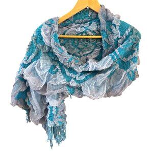 Handmade Suantraí Of Ireland Blue 3D Textured Floral Fringe Scarf 13" x 80"